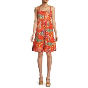 Beach Lunch Lounge Orange Tropical Print Cotton Linen Blend Button Dress Large